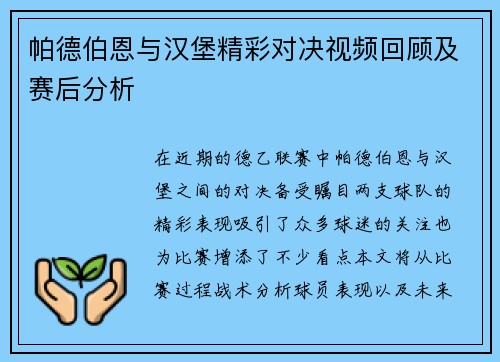 帕德伯恩与汉堡精彩对决视频回顾及赛后分析